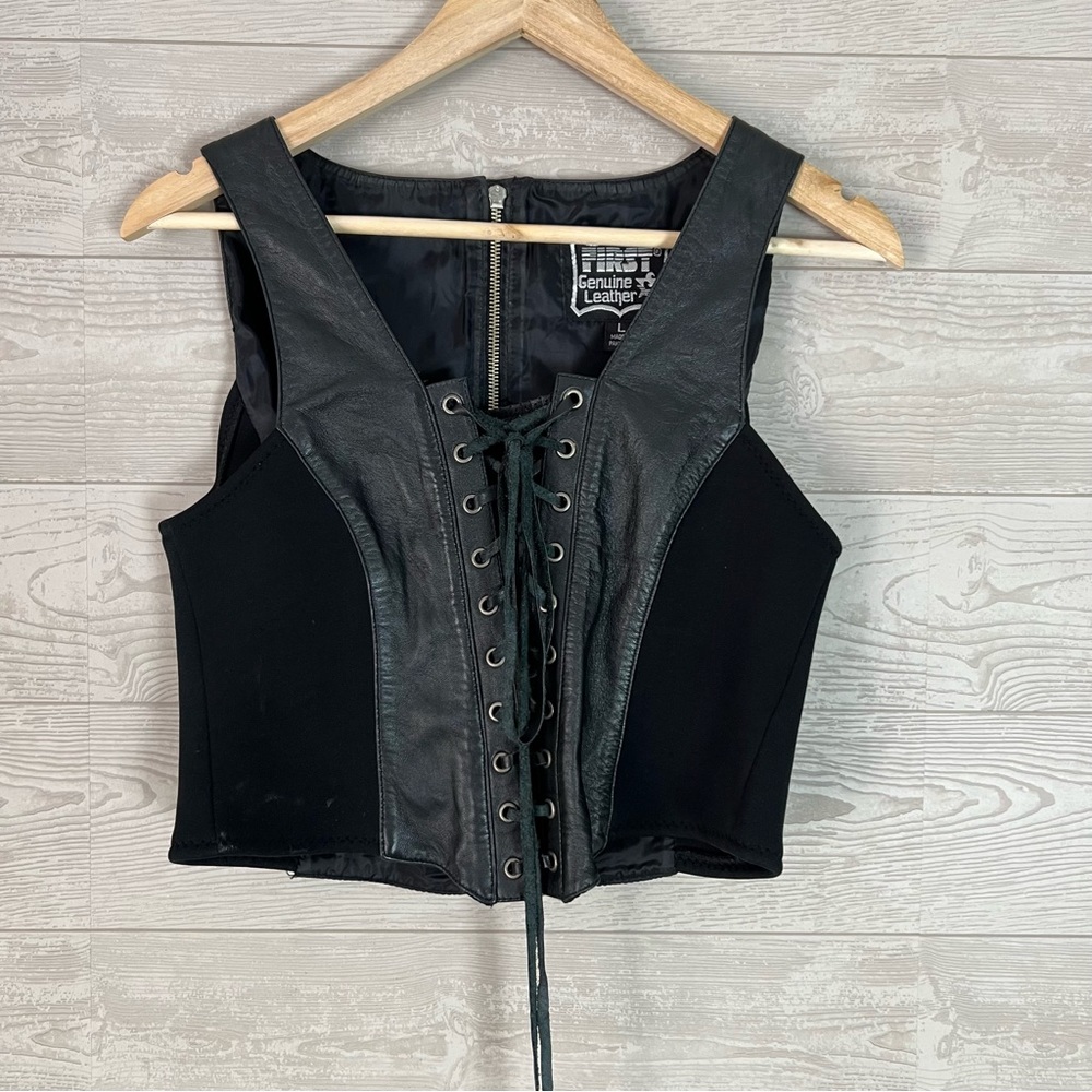 Genuine Leather Black Lace-Up Women's Crop Top Vest